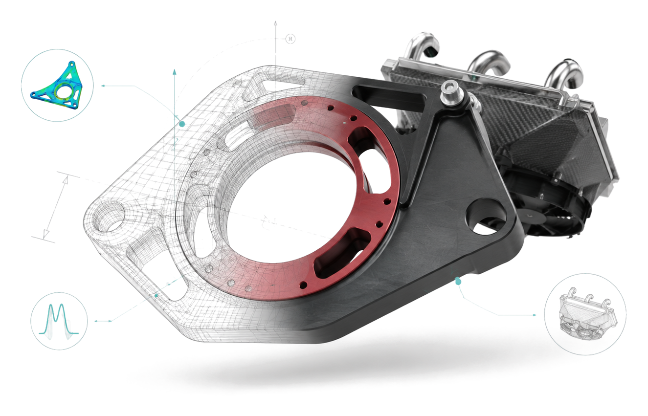 Illustrative mechanical assembly transitioning from CAD geometry to a finished engineered product.
